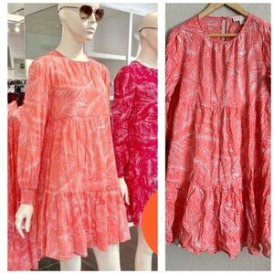 Michael kors Woodland Leaf Print Ruffle Dress Size Medium Orange & White